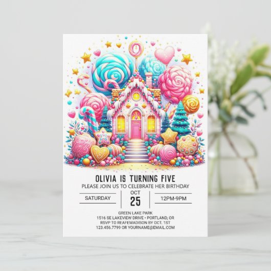 Whimsical Elegant Candyland Digitaler Geburtstag Einladung (Stehend Vorderseite)