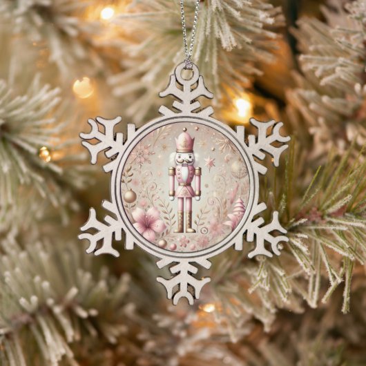 Whimsical Elegant Pink & Gold Pastel Nutcracker Schneeflocken Zinn-Ornament (Baum)