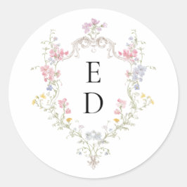Whimsical Elegant Rococo Floral Crest Monogram Runder Aufkleber