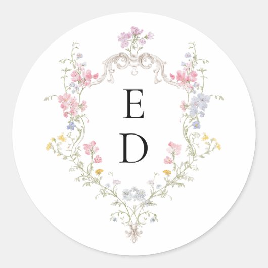 Whimsical Elegant Rococo Floral Crest Monogram Runder Aufkleber (Vorderseite)
