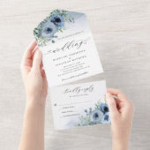 Whimsical Elegant Script floral Dusty Blue Wedding All In One Einladung (Abreißen)