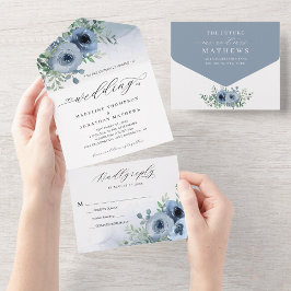 Whimsical Elegant Script floral Dusty Blue Wedding All In One Einladung