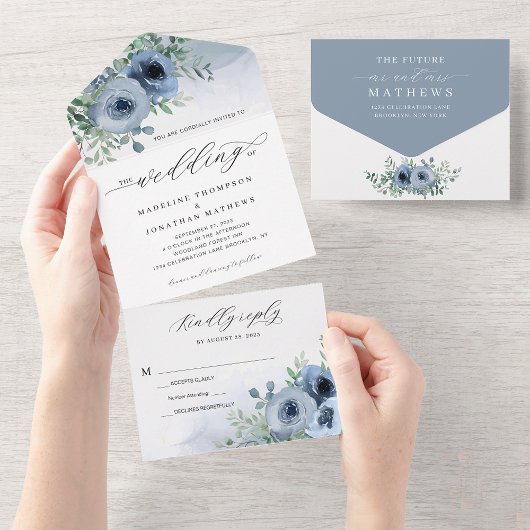Whimsical Elegant Script floral Dusty Blue Wedding All In One Einladung