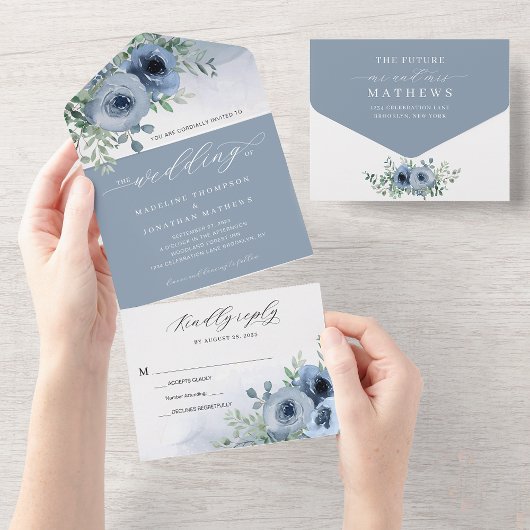 Whimsical Elegant Script floral Dusty Blue Wedding All In One Einladung