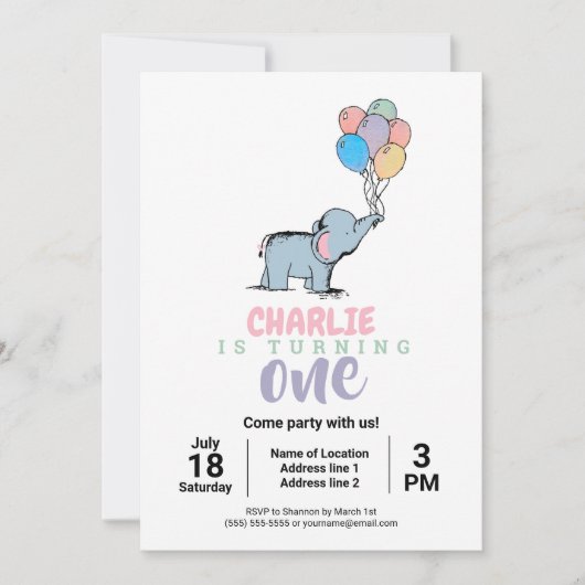 Whimsical Elephant and Balloons Birthday Invites Einladung (Vorderseite)