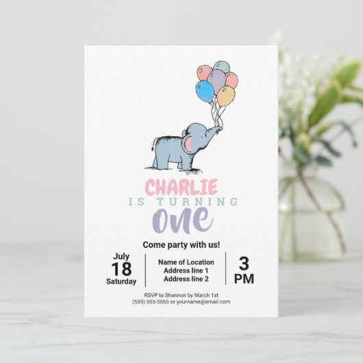 Whimsical Elephant and Balloons Birthday Invites Einladung (Stehend Vorderseite)