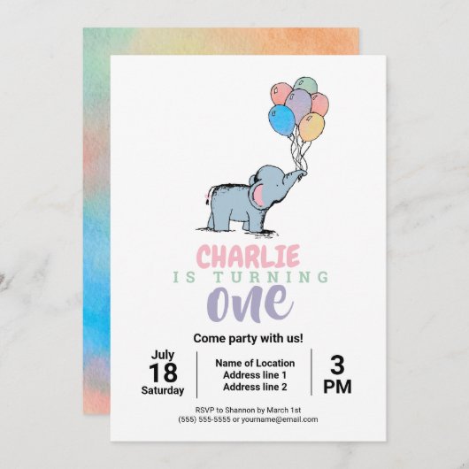 Whimsical Elephant and Balloons Birthday Invites Einladung (Vorne/Hinten)