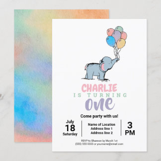 Whimsical Elephant and Balloons Birthday Invites Einladung