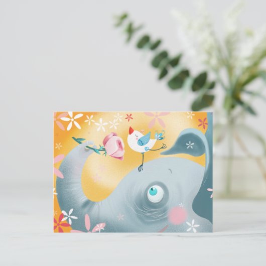 Whimsical Elephant and Bird Postkarte (Stehend Vorderseite)