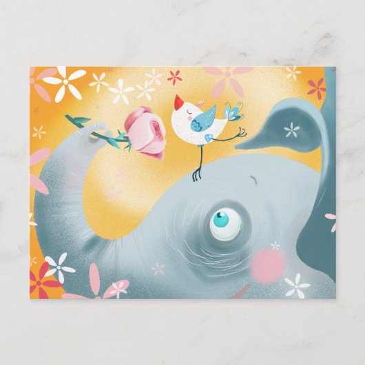 Whimsical Elephant and Bird Postkarte (Vorderseite)