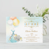 Whimsical Elephant Balloons Baby Shower Boy Einladung (Stehend Vorderseite)
