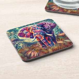 Whimsical Elephant bei Night Blue Lila Stars Moon Getränkeuntersetzer