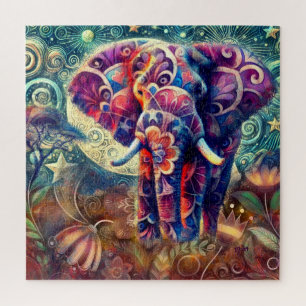 Whimsical Elephant bei Night Blue Lila Stars Moon Puzzle
