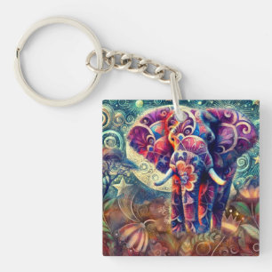 Whimsical Elephant bei Night Blue Lila Stars Moon Schlüsselanhänger