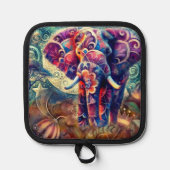 Whimsical Elephant bei Night Blue Lila Stars Moon Topflappen (Vorderseite)