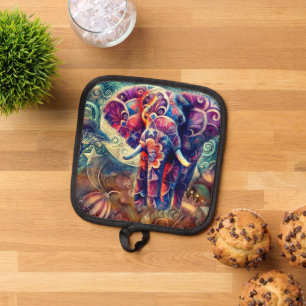 Whimsical Elephant bei Night Blue Lila Stars Moon Topflappen