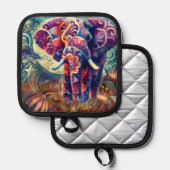 Whimsical Elephant bei Night Blue Lila Stars Moon Topflappen (Vorderseite/Rückseite)