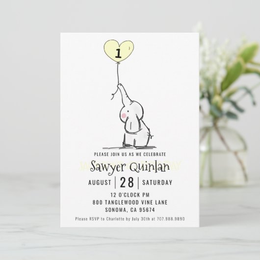 Whimsical Elephant Einladung zum ersten Geburtstag (Stehend Vorderseite)
