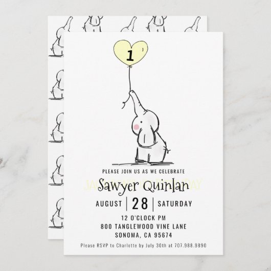 Whimsical Elephant Einladung zum ersten Geburtstag (Vorne/Hinten)