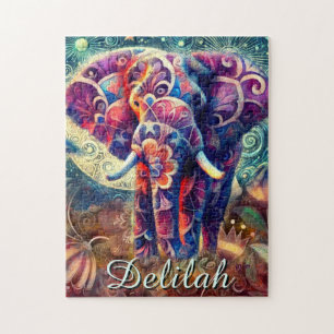 Whimsical Elephant Night Stars Moon Personalisiert Puzzle