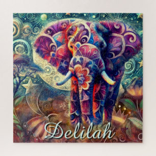 Whimsical Elephant Night Stars Moon Personalisiert Puzzle