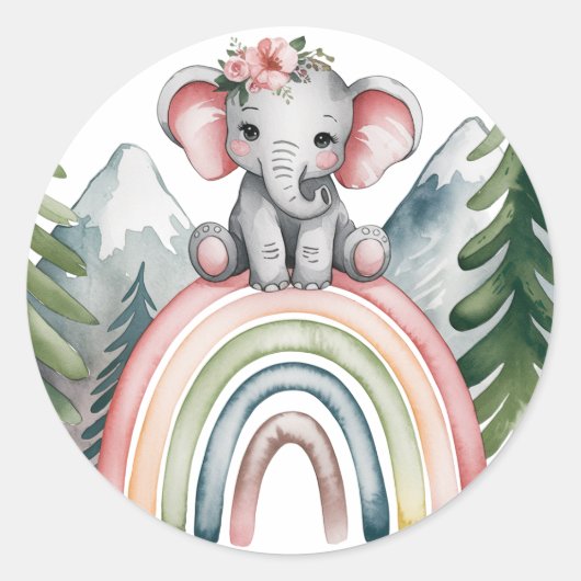 Whimsical Elephant Rainbow Baby Dusche Runder Aufkleber (Vorderseite)