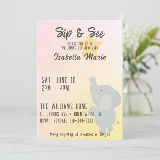 Whimsical Elephant Sip & See Einladung (Stehend Vorderseite)