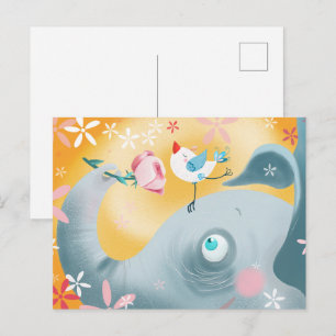 Whimsical Elephant und Vogel Postkarte