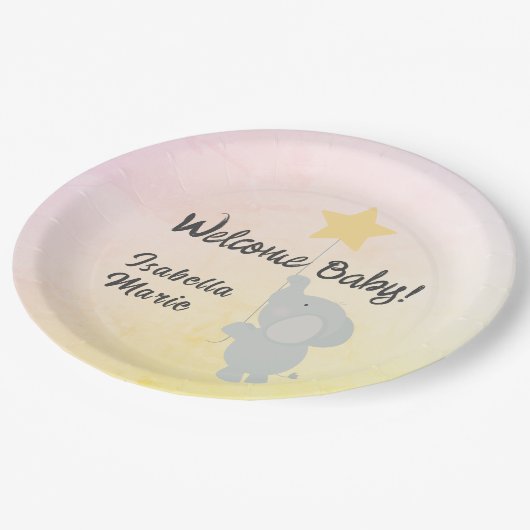 Whimsical Elephant Welcome Baby Pappteller (Schrägansicht)