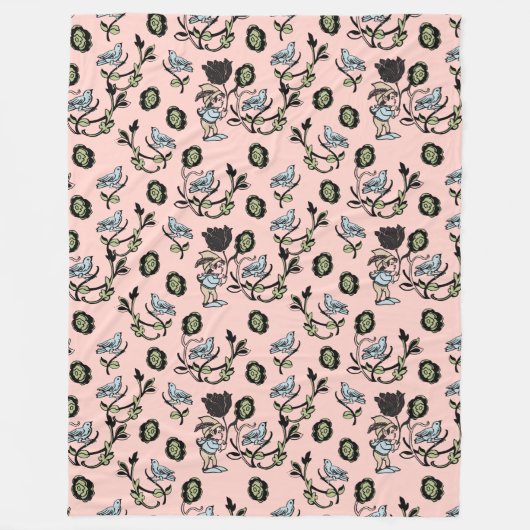 Whimsical Elf and Bird Pattern on Pink Fleecedecke (Vorderseite)