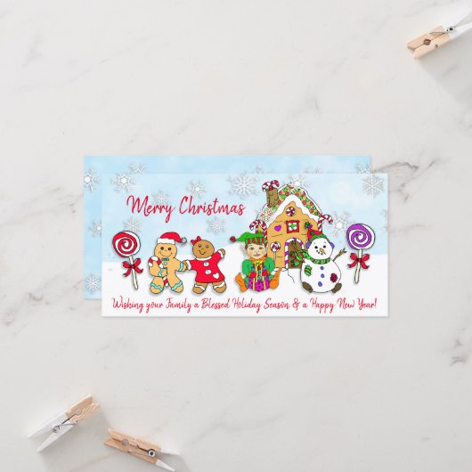 Whimsical Elf and Gingerbrei House Weihnachten Karte (Vorderseite/Rückseite Beispiel)