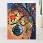 Whimsical Elf Holding Gift & Bird Christmas Card Karte (Vorderseite)