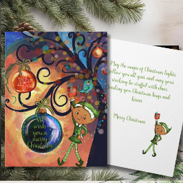 Whimsical Elf Holding Gift & Bird Christmas Card Karte
