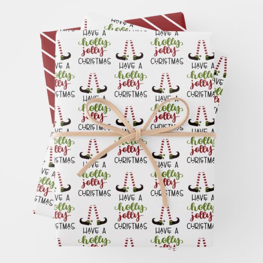 Whimsical Elf HOLLY JOLLY CHRISTMAS Red Green Geschenkpapier Set (Beispiel)