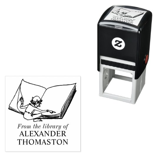 Whimsical Elf Reading Large Book Library Name Permastempel (Beispiel)