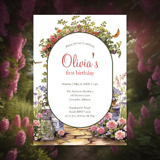 Whimsical Enchanted Garden Girl 1. Geburtstag Einladung