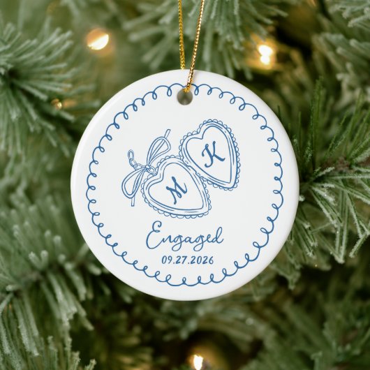 Whimsical Engaged Couple Blue Hearts Trendy Doodle Keramik Ornament (Baum)