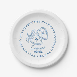Whimsical Engaged Couple Blue Hearts Trendy Doodle Pappteller