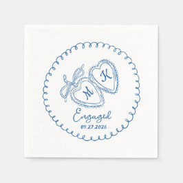 Whimsical Engaged Couple Blue Hearts Trendy Doodle Serviette