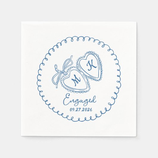 Whimsical Engaged Couple Blue Hearts Trendy Doodle Serviette (Vorderseite)