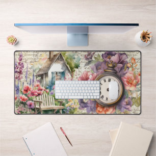 Whimsical Englisch Cottage Haus Blumen Uhr Schreibtischunterlage