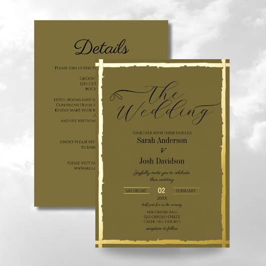Whimsical erdgetönte Sage Golden Classy Wedding Folieneinladung