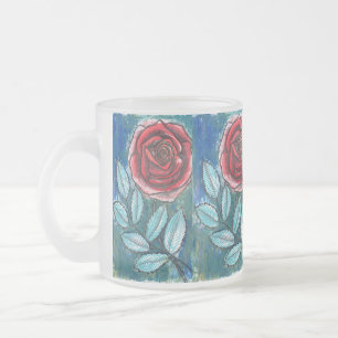 Whimsical-Expressionist-Rote-Rose-Teal-Blätter-Kaf Mattglastasse