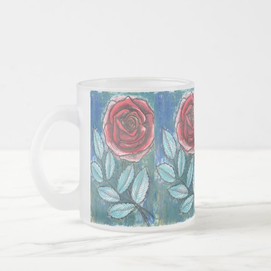 Whimsical-Expressionist-Rote-Rose-Teal-Blätter-Kaf Mattglastasse (Links)