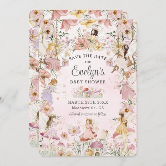 Whimsical Fairies Babydusche Blumengarten Wiese Save The Date (Vorne/Hinten)