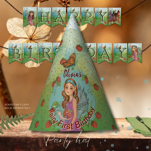 Whimsical Fairy and Strawberry Birthday Party Hat Partyhütchen