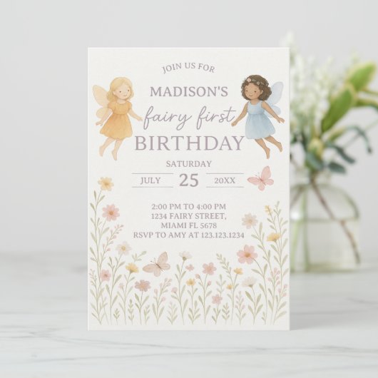 Whimsical Fairy Erster Geburtstag Einladung (Stehend Vorderseite)