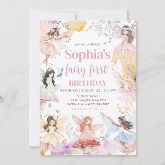 Whimsical Fairy First Birthday Party Einladung (Vorderseite)