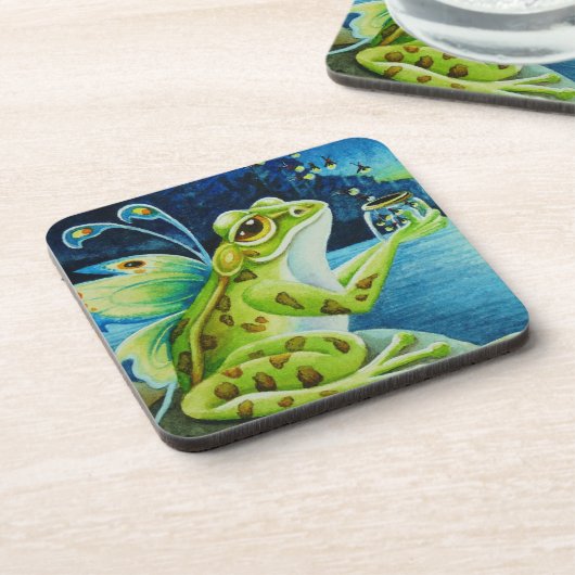 Whimsical Fairy Frog & Fireflies Wasserfarben Kuns Getränkeuntersetzer (Linke Seite)