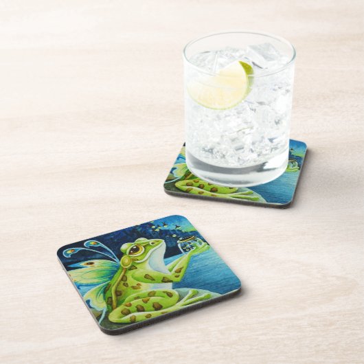 Whimsical Fairy Frog & Fireflies Wasserfarben Kuns Getränkeuntersetzer (Rechte Seite)